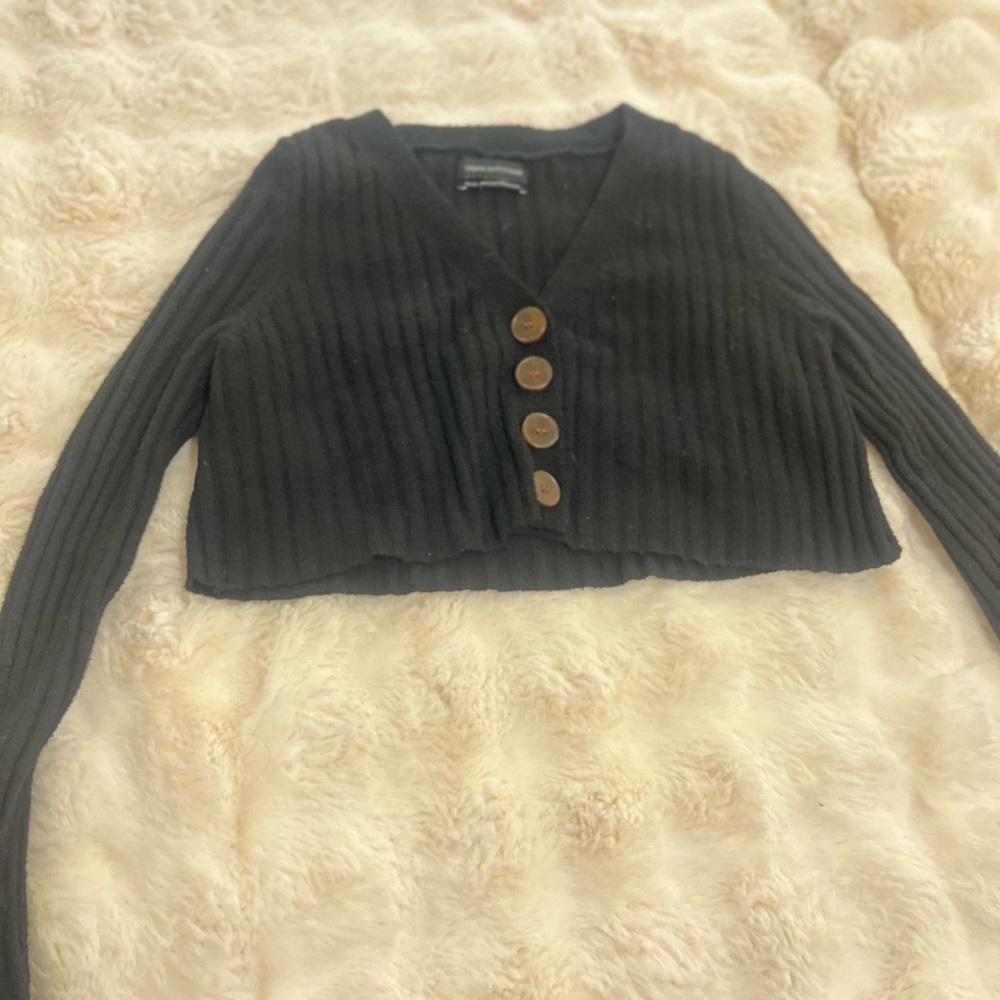 Black Cropped Cardigan with Brown Buttons
